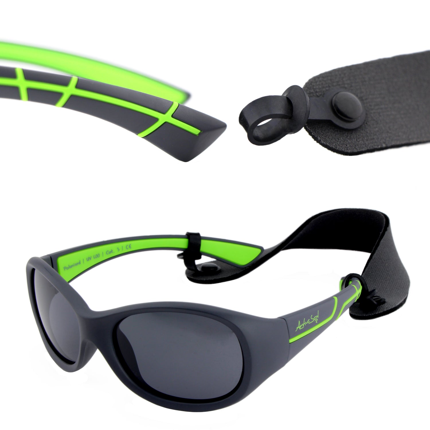 Kinder-Sonnenbrille Kids@School, 5 – 10 Jahre , Anthrazit Grün , HYTREL Jungen Lotus-Effekt Mädchen Polarisiert UV400