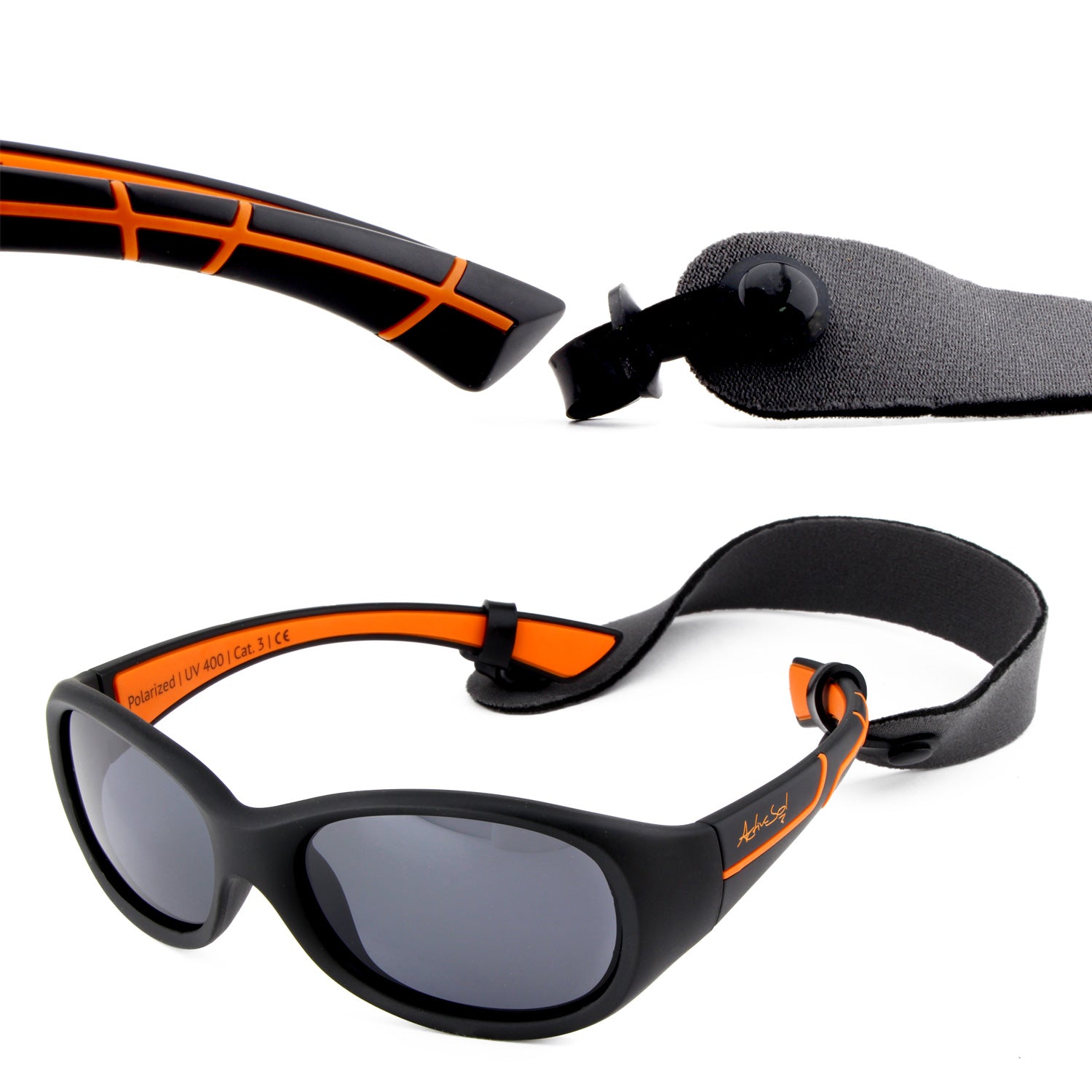 Kinder-Sonnenbrille Kids@School, 5 – 10 Jahre , Schwarz Orange , HYTREL Jungen Lotus-Effekt Mädchen Polarisiert UV400