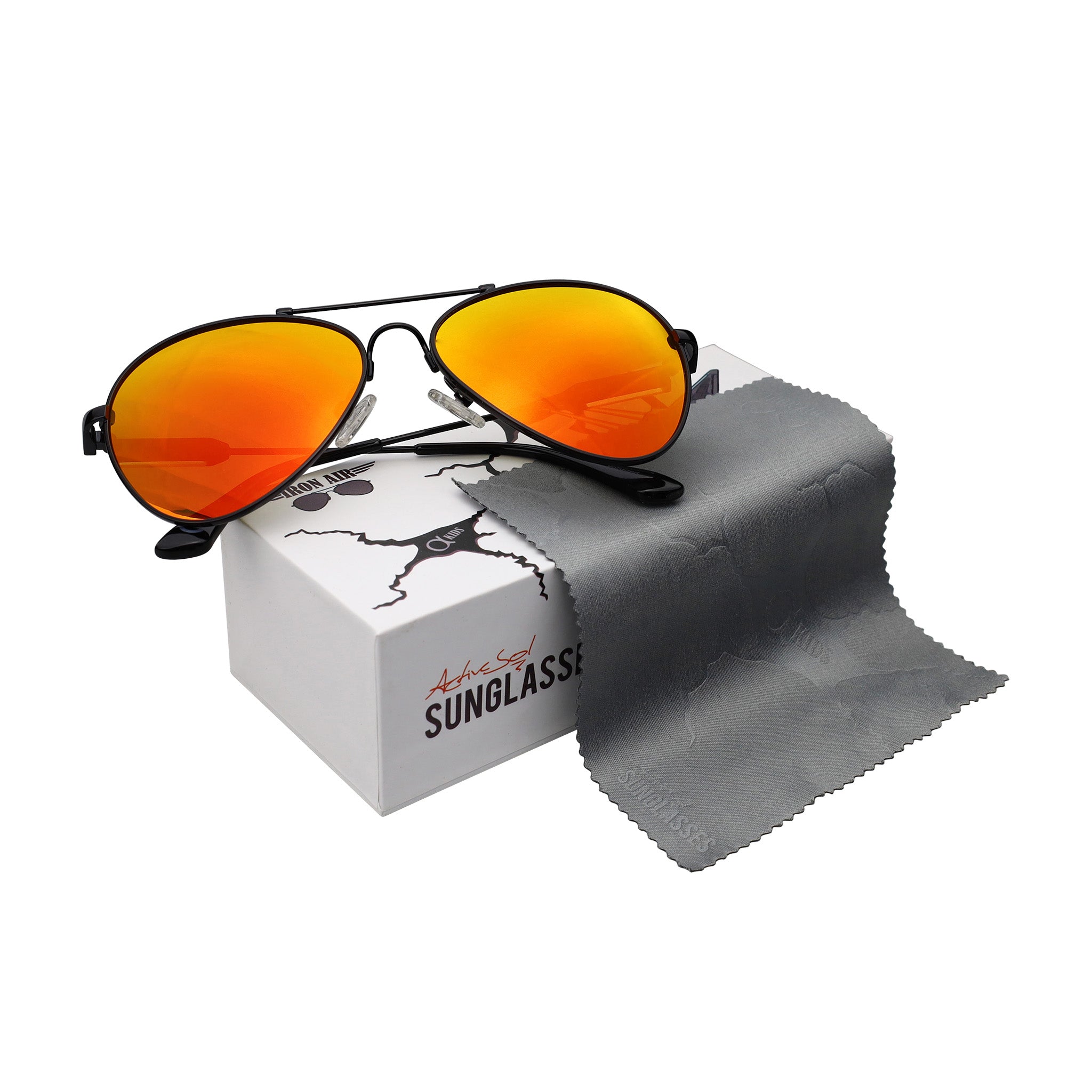 Kinder-Sonnenbrille Iron Air, 6 - 12 Jahre, Piloten-Design , Schwarz | Orange verspiegelt , Jungen Metall Mädchen New Polarisiert UV400