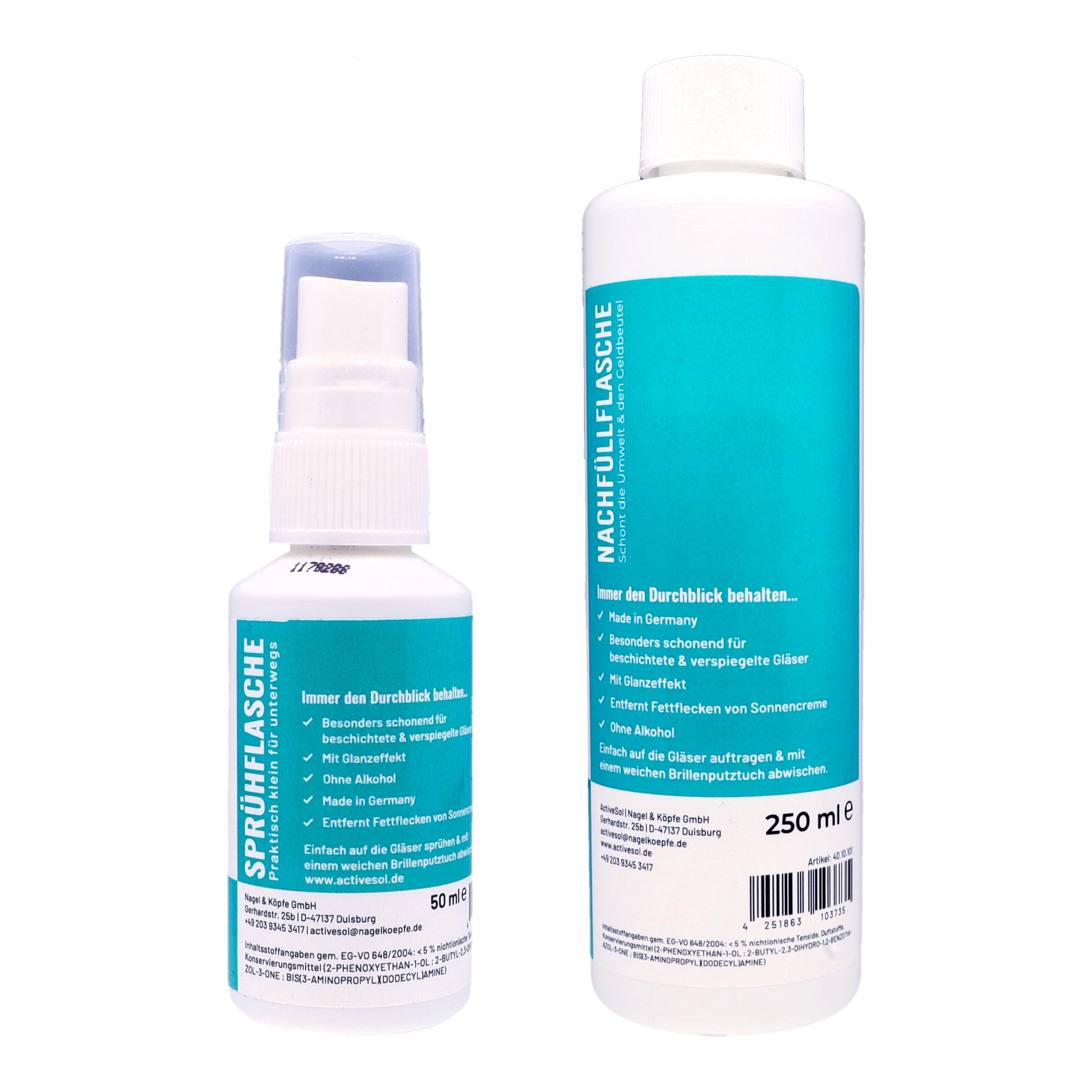 Brillenreiniger für Sonnenbrillen, ohne Alkohol , Starterpack: 1 x 50 ml Spray und 1 x 250 ml Nachfüllflasche , Brillenreiniger Made in Germany New ohne Alkohol