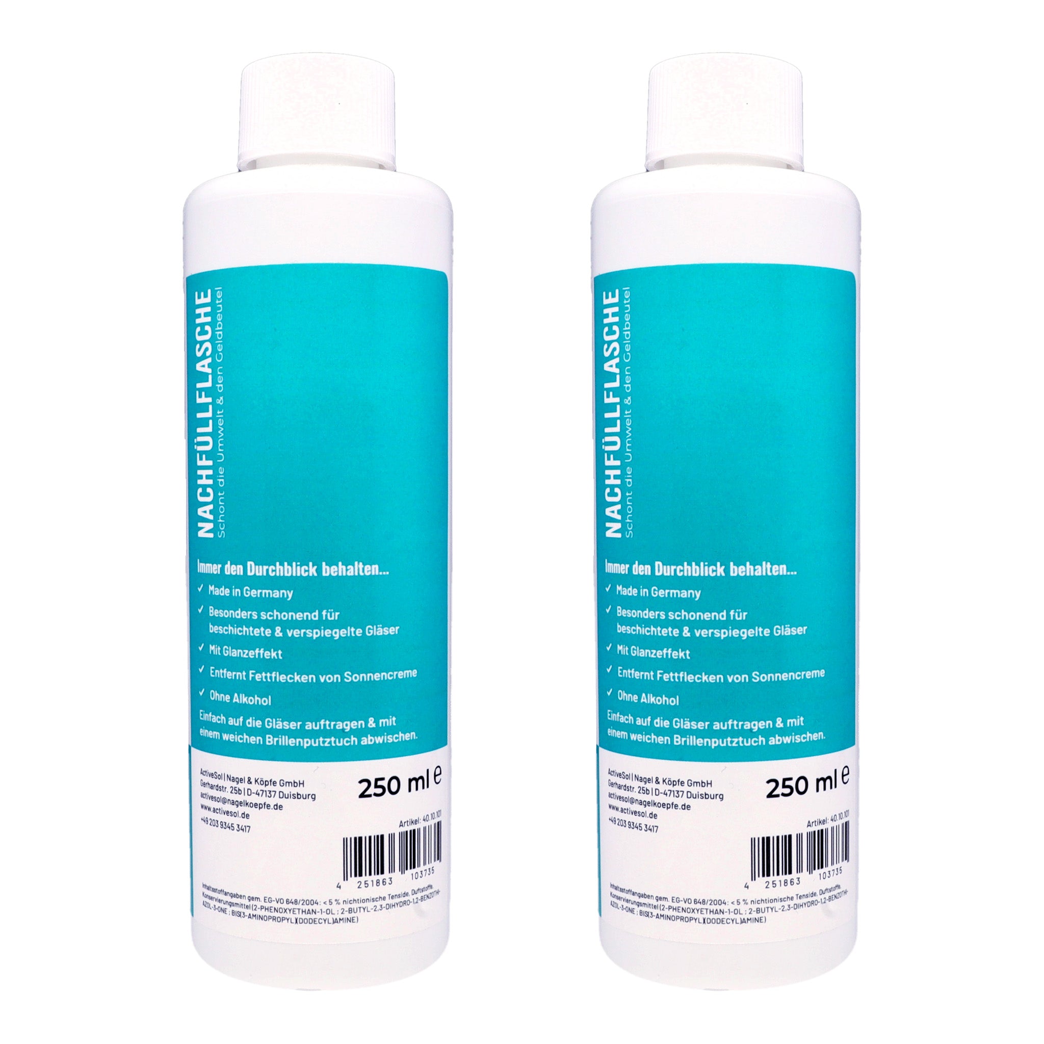 Brillenreiniger für Sonnenbrillen, ohne Alkohol , 2 x 250 ml Nachfüllflasche , Brillenreiniger Made in Germany New ohne Alkohol