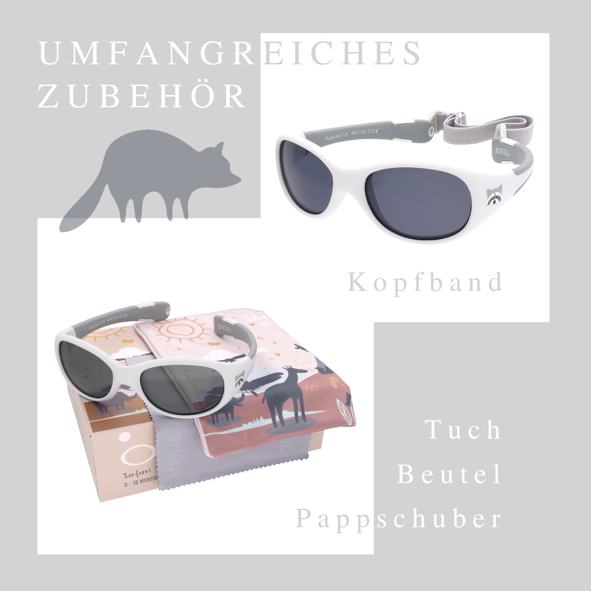 Baby-Sonnenbrille Safari 6 - 24 Monate, Größe L , Raccoon , Baby HYTREL Jungen Kleinkind Lotus-Effekt Mädchen New Polarisiert Unisex UV400
