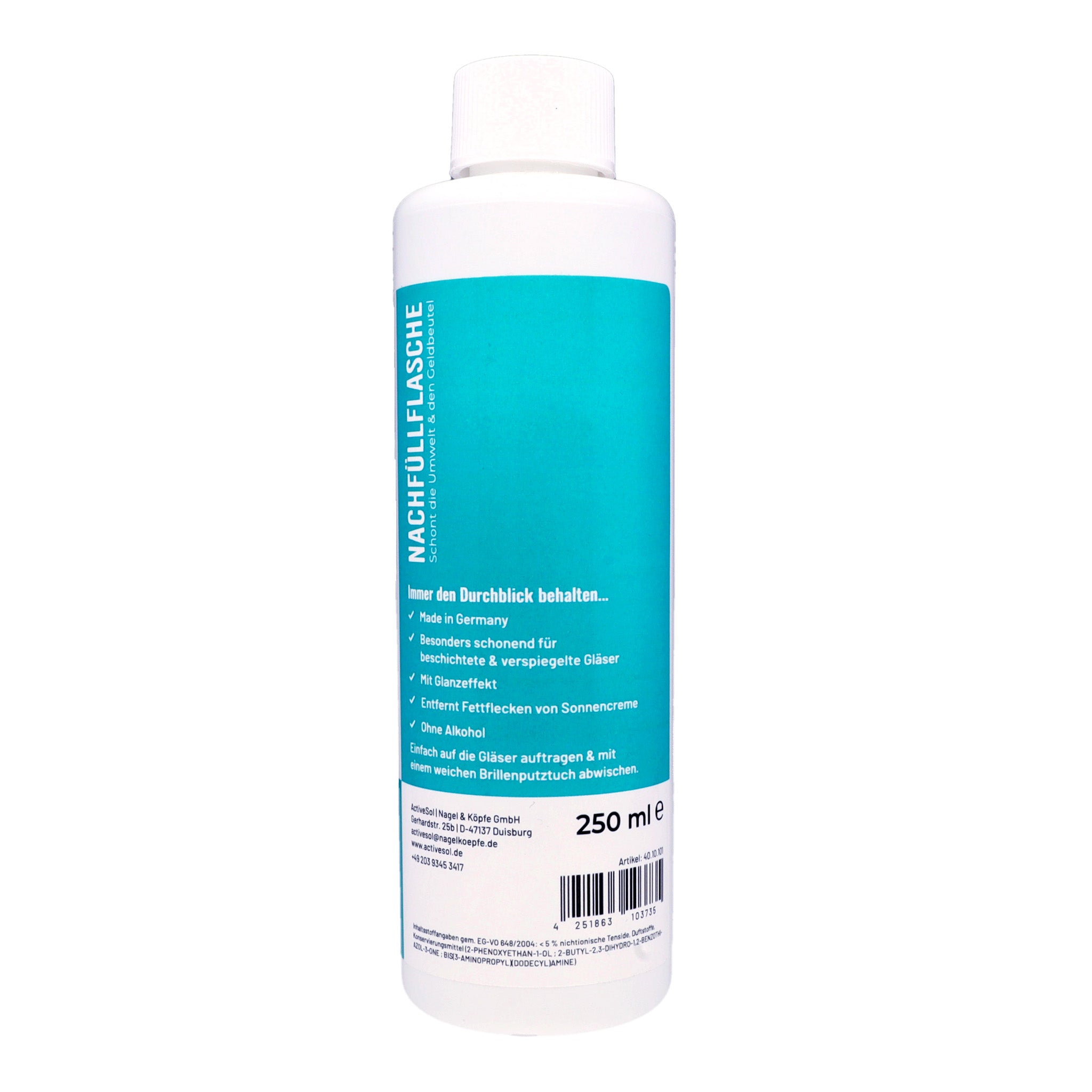 Brillenreiniger für Sonnenbrillen, ohne Alkohol , 1 x 250 ml Nachfüllflasche , Brillenreiniger Made in Germany New ohne Alkohol